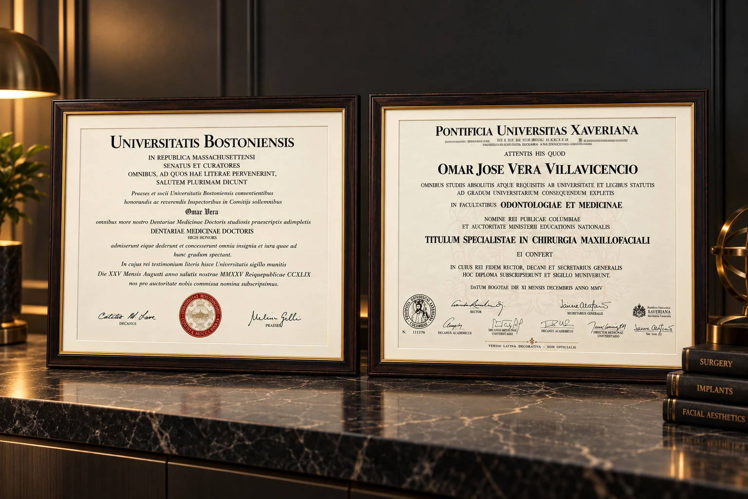 Diplomas del doctor: Boston University y Pontificia Universidad Javeriana